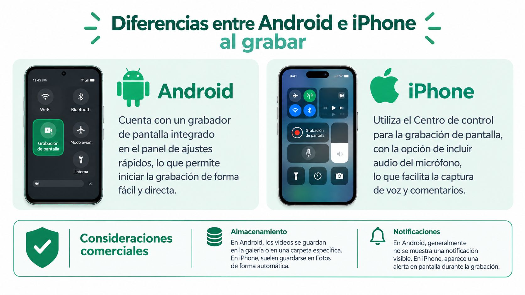 Comparativa visual entre Android e iPhone mostrando cómo utilizar la función de grabación de pantalla en cada dispositivo.