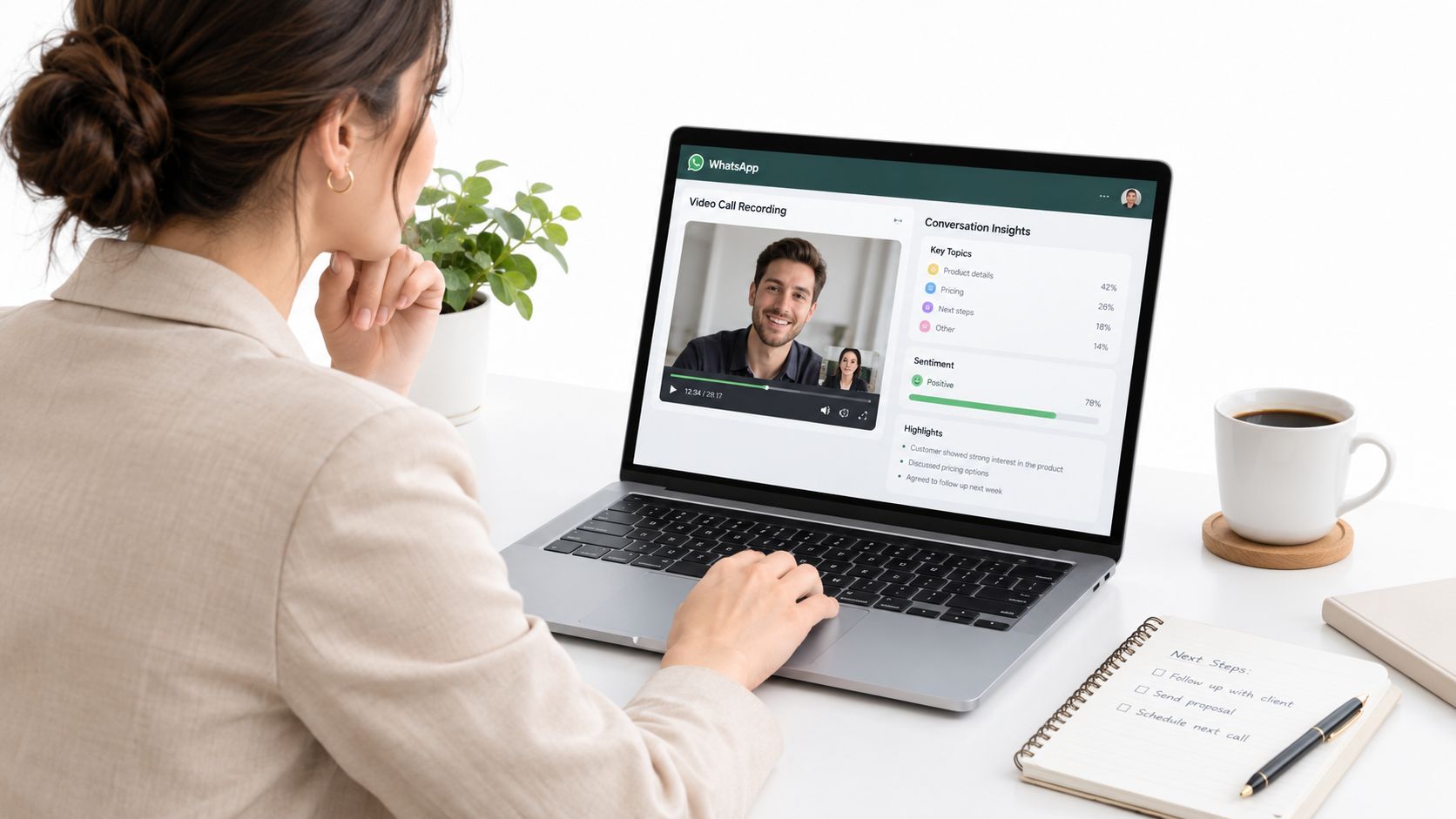 Mujer profesional analizando una videollamada de WhatsApp grabada en su computadora portátil en su oficina moderna.